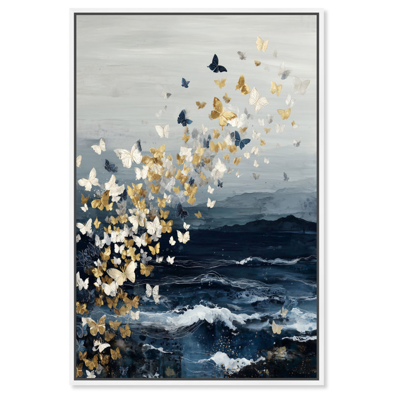 «Gold Butterfly Flight II», reproduction d'art acrylique encadrée par Art Remedy, cadre doré, 16 x 24, H 25 po x l 17 po
