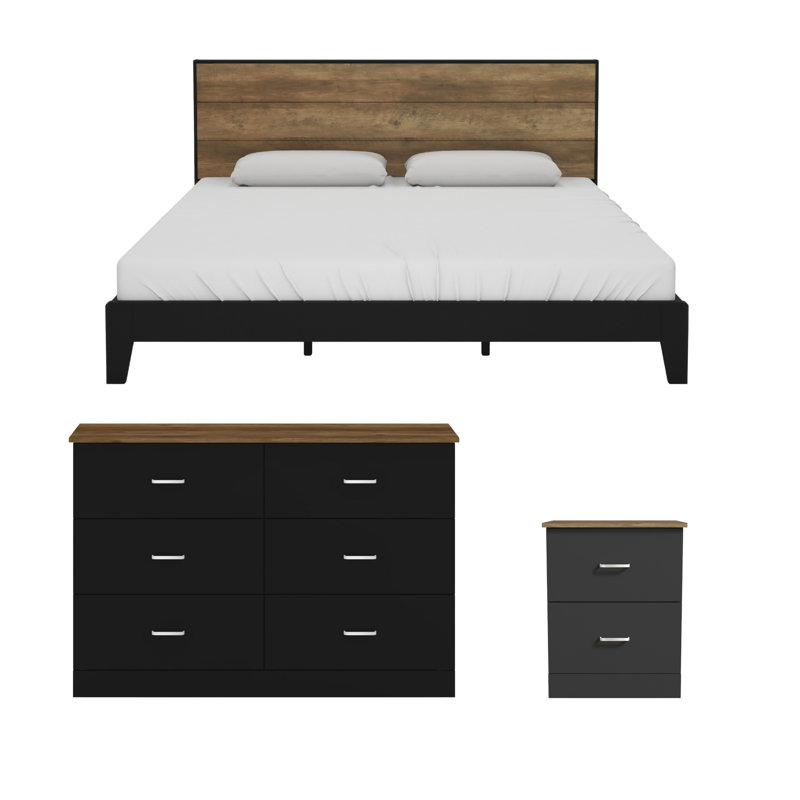 Ensemble de chambre à coucher moderne 3 pièces Allyannah, Chêne d'Oslo, Très grand