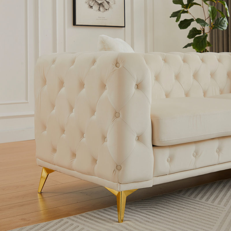FX 61.25-Inch Modern Luxury Velvet Sofa With Chesterfield Quilted Button Accents, Includes 2 Pillows And Metal Legs, Beige