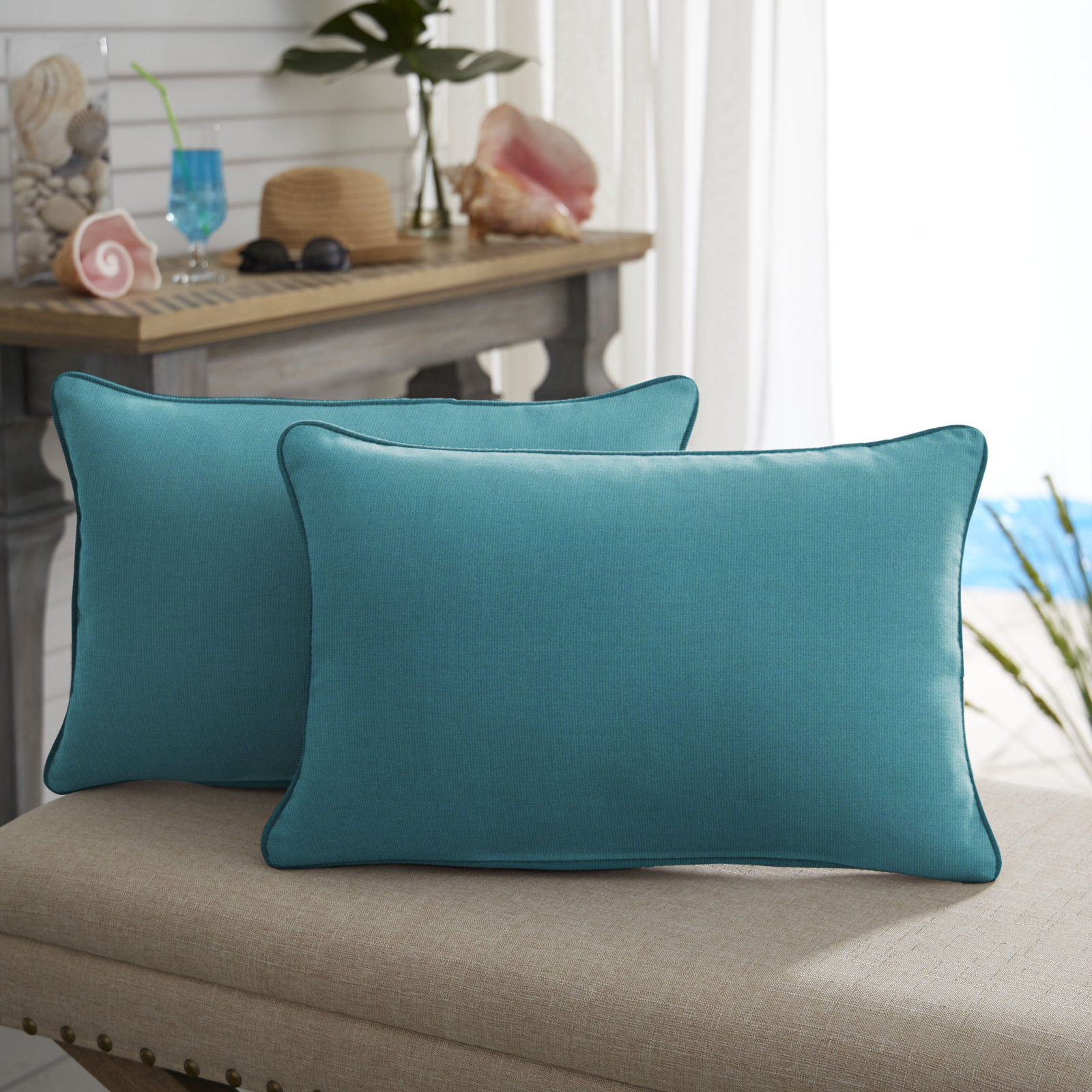 Ashish Sunbrella® Throw Pillow, Rectangle 16" H x 26" W, Aqua