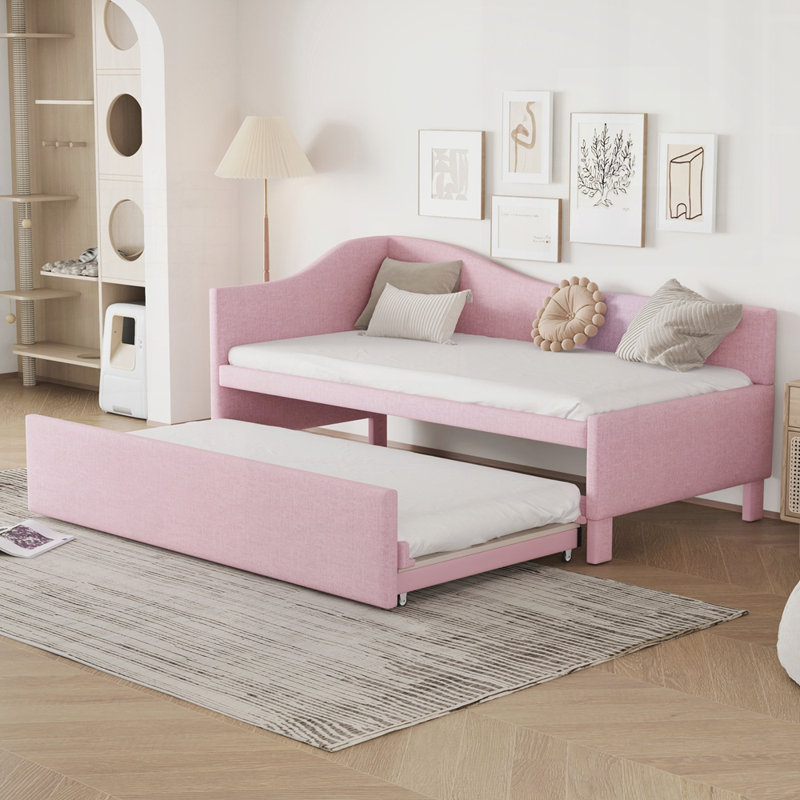 Upholstered L-Shaped Upholstered Daybed With Pop Up Trundle, Pink