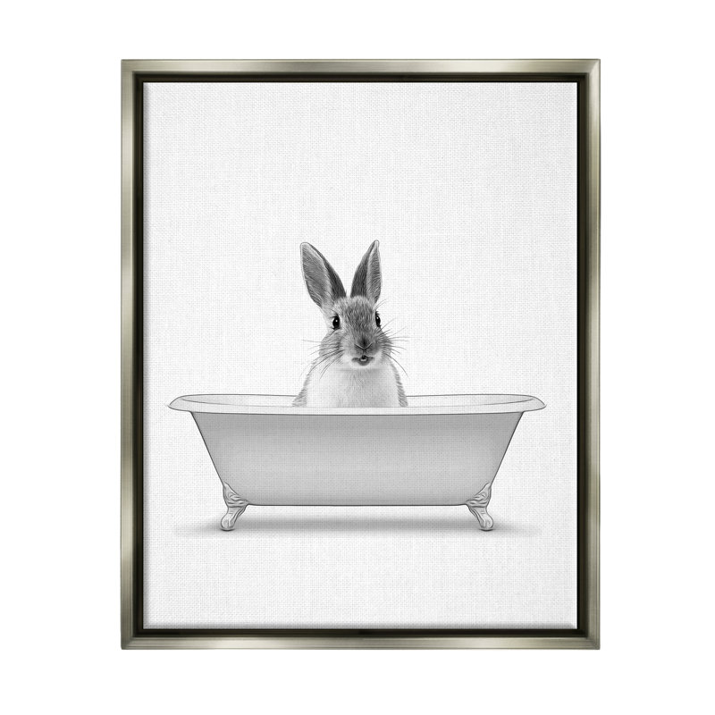 «Bunny Peeking Bathaign Pet» par Annalisa Latella, H 21 po x l 17 po x P 1,7 po, Cadre flottant gris lustré
