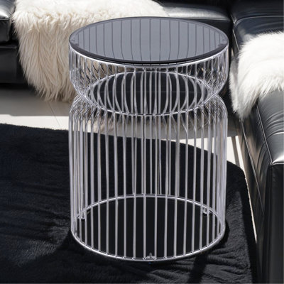 Table basse ronde moderne avec plateau en verre trempé teinté, hauteur de 24 po, aspect de rangement ouvert, autoportante, finition brillante pour espace de vie principal, surface latérale dorée, grande structure ouverte, surface
