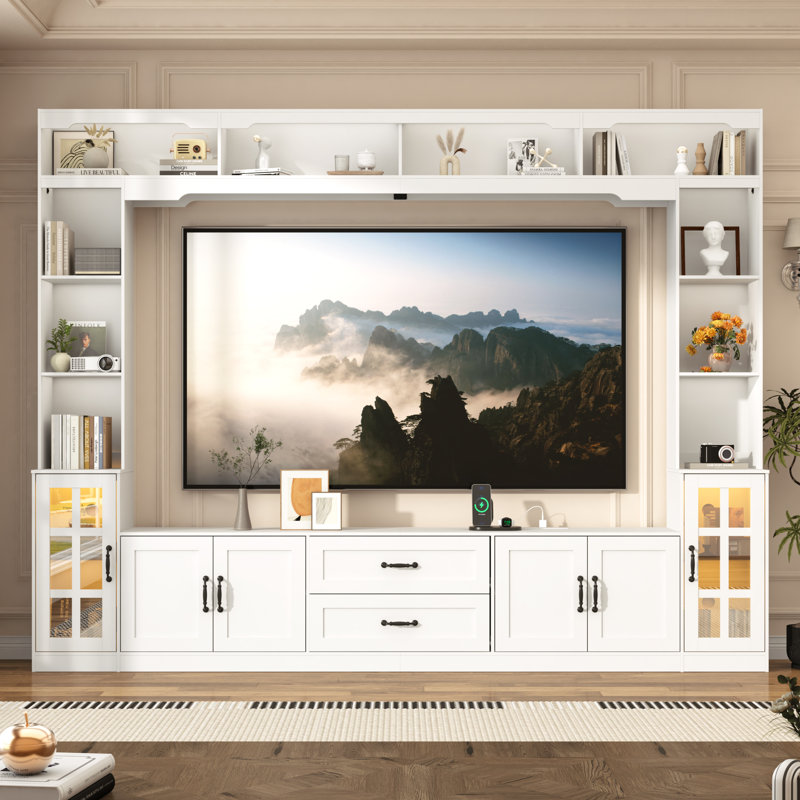 106" Wall Unit Tv Stand With Bookshelves – Large Entertainment Center For 70-80 Inch Tvs With Drawers, Open Shelves & Tempered Glass Doors For Living Room