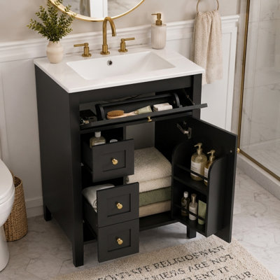 24" Bathroom Vanity with Ceramic Sink, White Freestanding Vanity Cabinet with 3 Drawers, Soft-Close Door and Storage Shelf