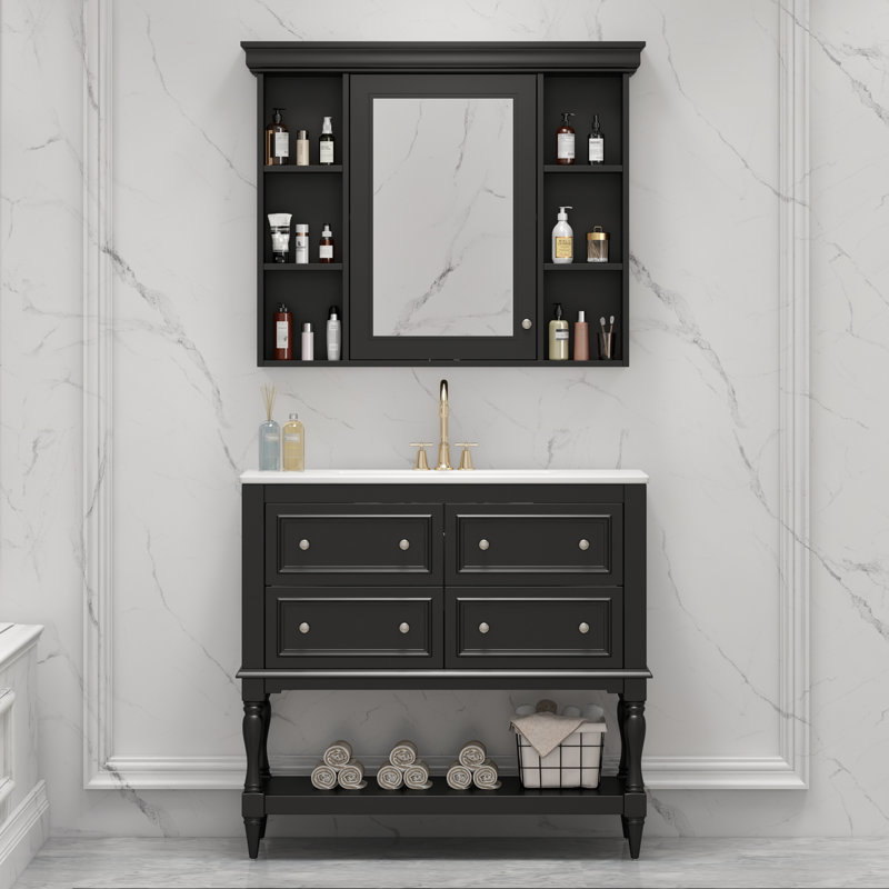 Meuble-lavabo 36 po avec armoire à pharmacie, armoire à miroir avec tablette réglable, cadre en bois, Noir