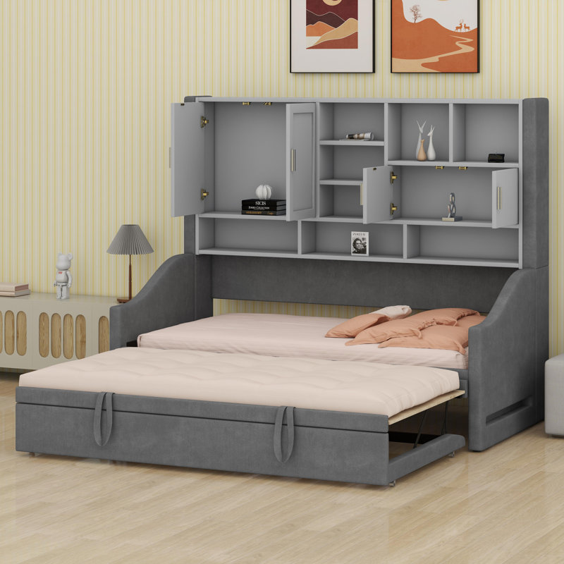Upholstered Daybed With LED Armrest Lights, Gray