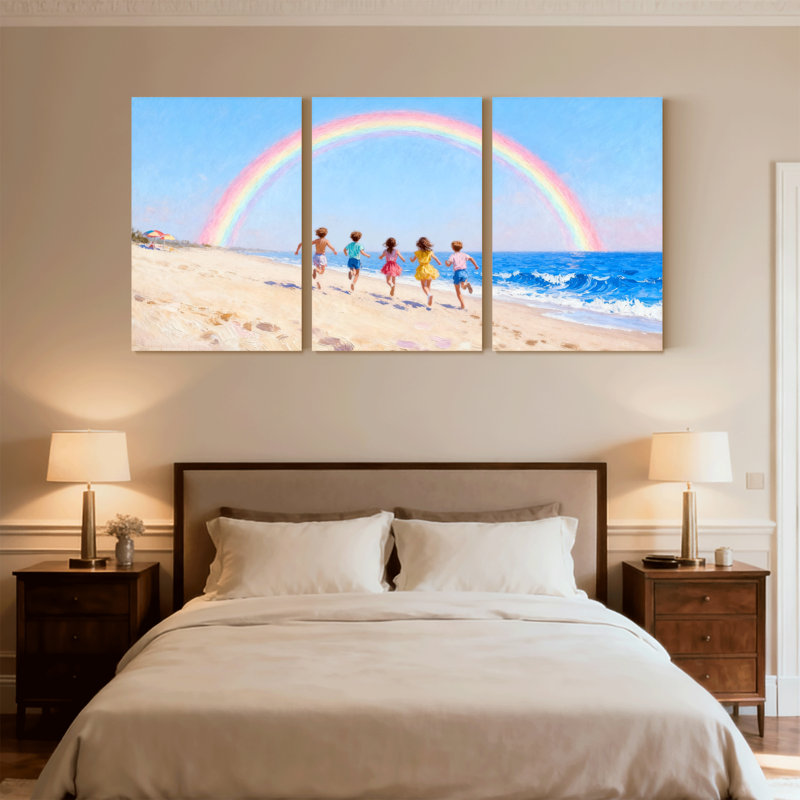 «Beach Children Courir sur la plage avec arc-en-ciel», ensemble de 3 reproductions d'art sur toile, H 18 po x l 36 po