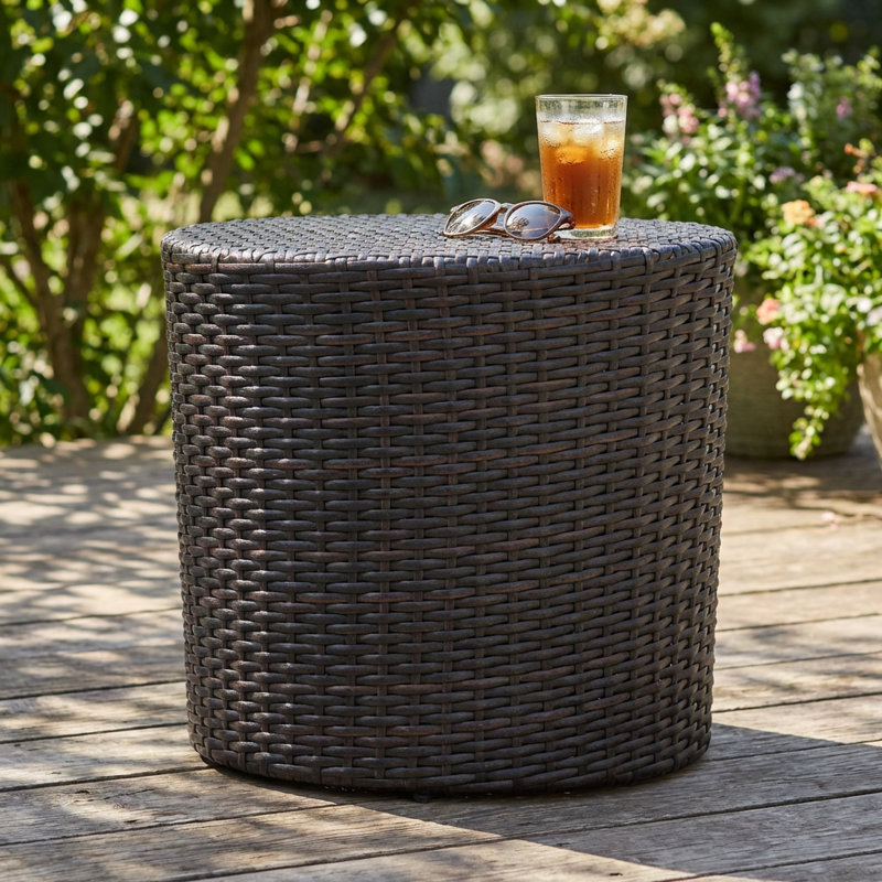 Outdoor Barrel Side Table with Wicker Weave Design