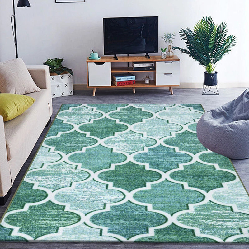 Modern Aqua Geometric Area Rug & Runner – Non Slip Large Living Room, Bedroom, Hallway & Kitchen Carpet
