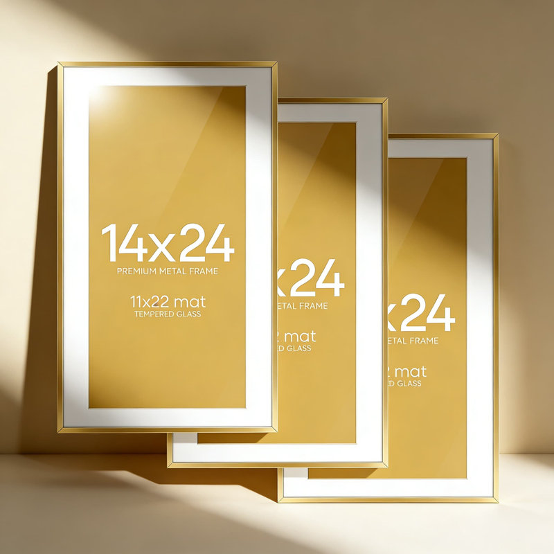 Ensemble de 3 cadres photo 14 x 24 de qualité supérieure avec passe-partout et verre trempé, cadre moderne en métal doré champagne, comprenant un ensemble de fixation murale pour une présentation de qualité galerie