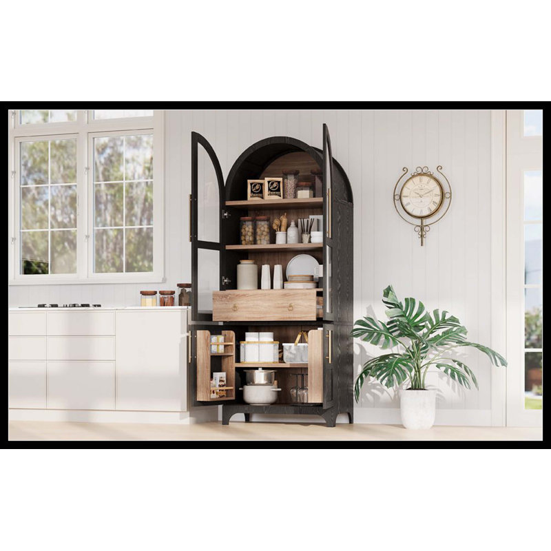 71" Tall Arched Farmhouse Kitchen Pantry Cabinet With Door Shelves, Open & Adjustable Shelves, Hidden Drawer & Glass Door, Cupboard For Kitchen & Dining Room, Black