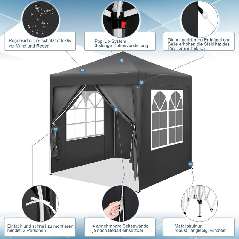 Gazebo, folding gazebo 2 x 2m, with 4 side walls, party tent water-repellent UV protection 50+, height-adjustable garden gazebo, with carrying bag, for outdoor garden camping