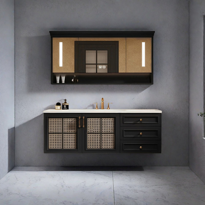 Retro-style rattan bathroom cabinet, 21.65" H x 51.18" W x 21.65" D