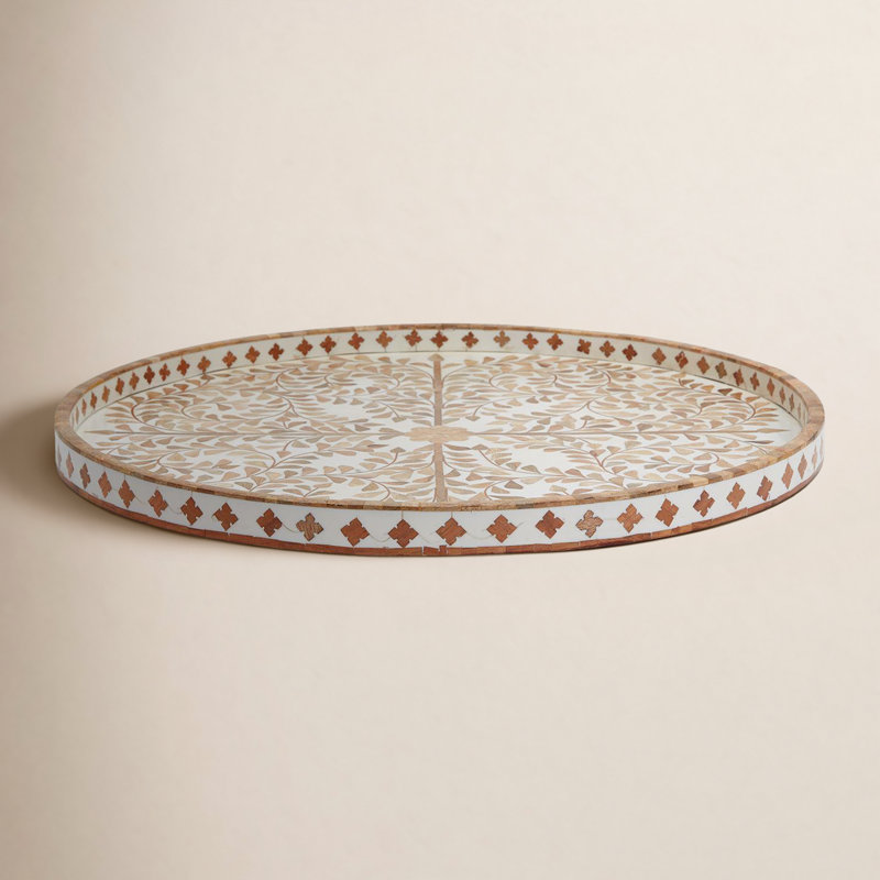 Plateau Jaopur Palace MOP, Floral, Bois manufacturé / bois de manguier / résine, Blanc / brun