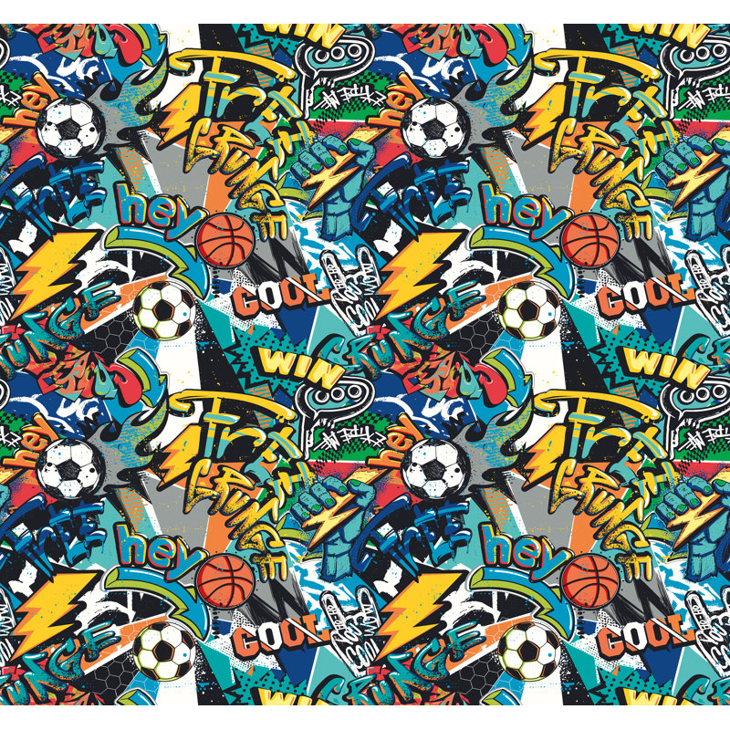Sports Graffiti Blue - 3 Drop Repeatable Wall Mural, Blue