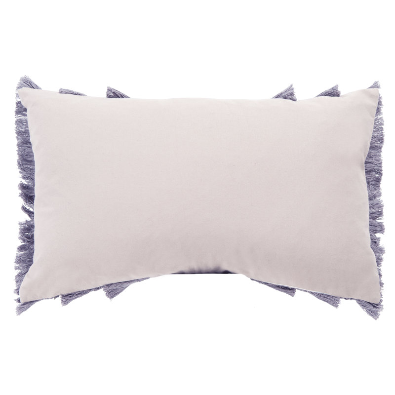 Light Grey and Periwinkle Fringed Cotton Rectangular Throw Pillow