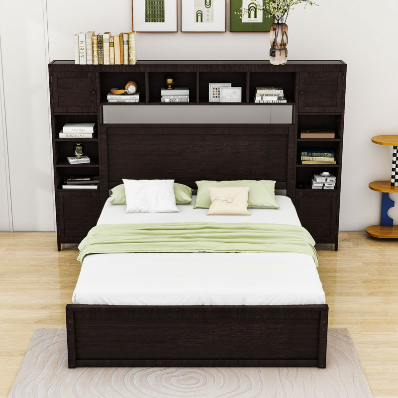 Philman Queen Bed with All-in-One Cabinet, Shelves, 4 Drawers and Sockets, Espresso