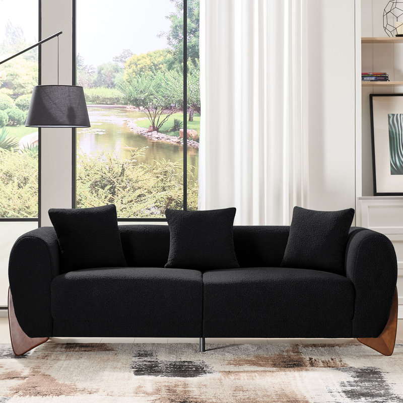 87" Upholstered Sherpa Boucle Sofa with Solid Wood Legs, Black