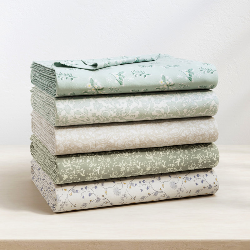 Ensemble de draps 100% flanelle de coton, Ensemble de draps pour grand lit avec 2 taies d'or, Motif floral de fleur glacée