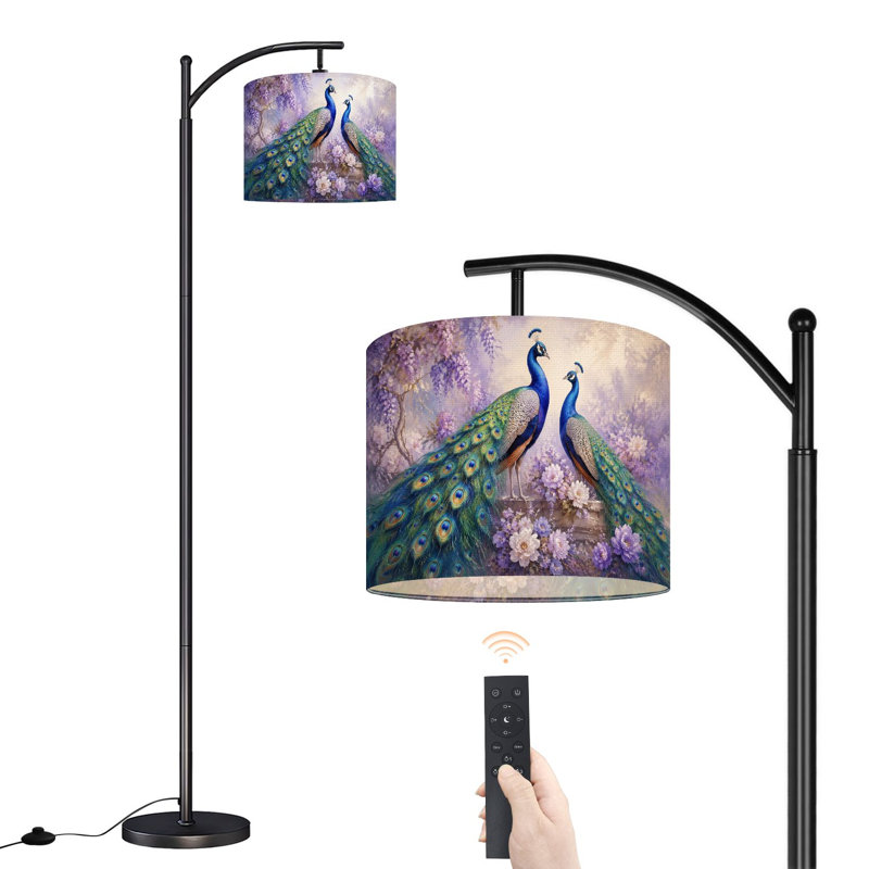 Lampe sur pied avec abat-jour réglable, motif Paons Majestueux, 3 températures de couleur, intensité variable, lampe sur pied avec interrupteur au pied pour chambre à coucher