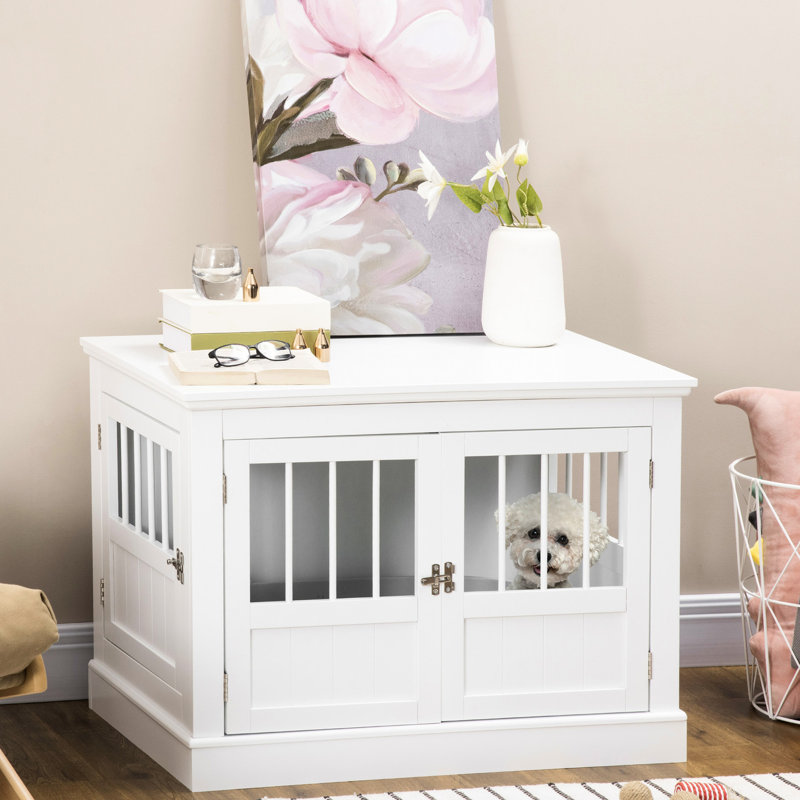 Composant de table de cage de chien blanc. Pour les petits chiens, il possède un plateau de table spacieux, trois portes, une pièce de connexion magnétique et un élément latéral en acier. Chiens, avec pièce de serrage, cadre