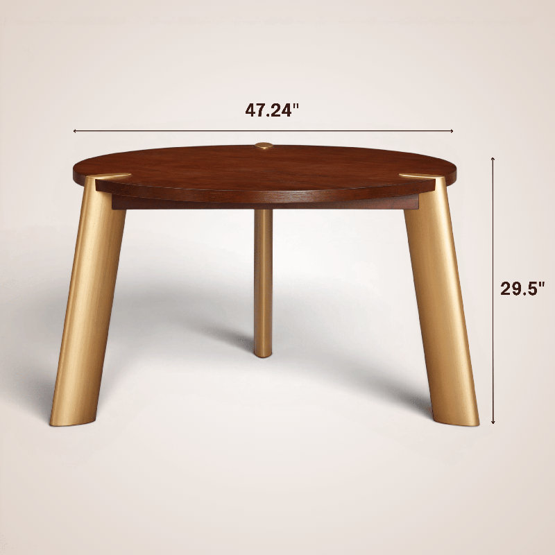 Table de salle à manger Tribase de 47 po, pouvant accueillir de 4 à 6 personnes, trois pieds fuselés dorés brossés, table moderne en bois d'hévéa massif pour salle à manger et cuisine, assemblage facile, noyer foncé