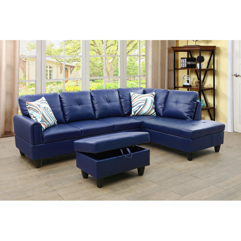 L shaped Upholstered Sectional Left Hand Facing Sofa, Navy Blue Polyester Blend, Left Hand Facing