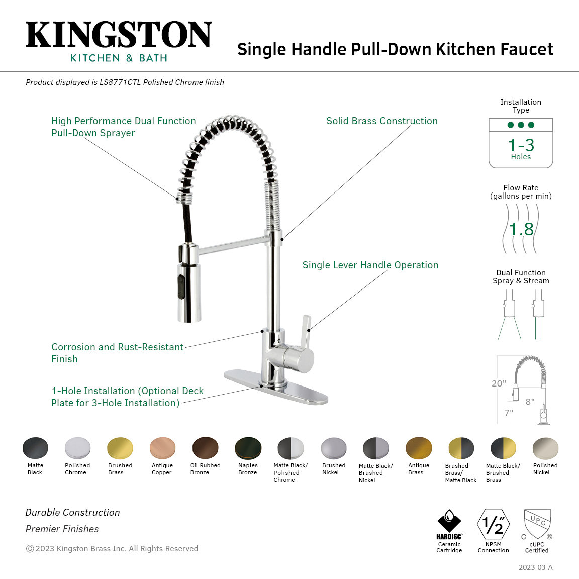 Kingston Brass Continental Pre-Rinse Faucet, Brushed Brass