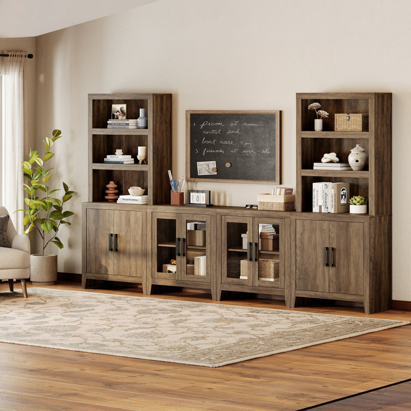 Entertainment Center With Bookshelves, 4-Piece Modular TV Stand With Storage Towers, Farmhouse Media Console With Glass Doors For Living Room, Bedroom, Brown