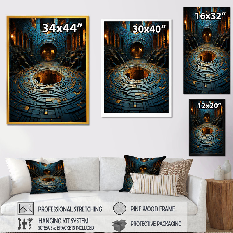 Ancienne pierre Maya Labyrinth II - labyrinthe, art mural, Cadre flottant doré, 44" H x 34" W