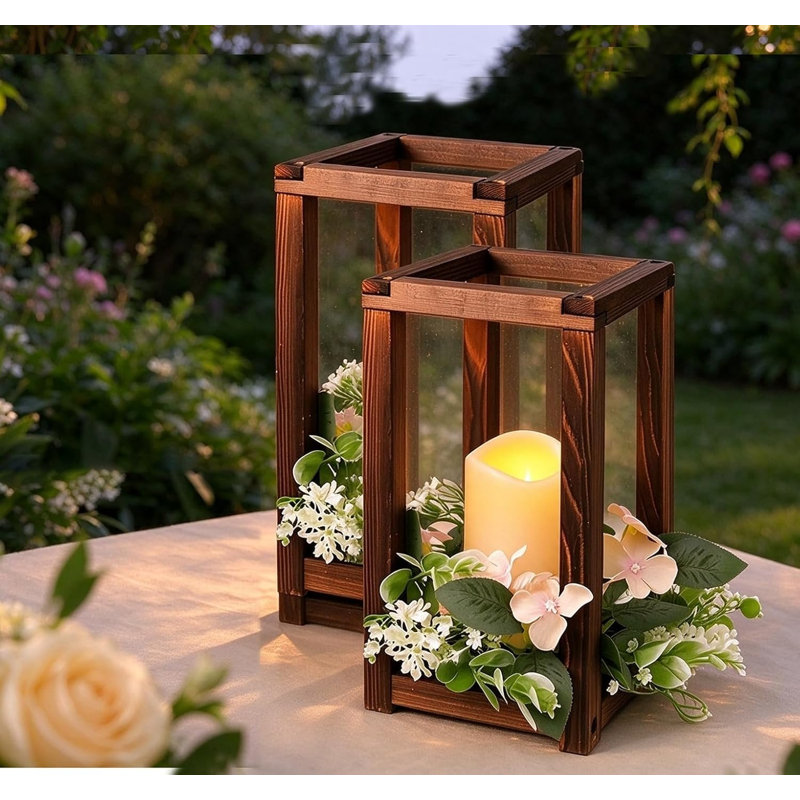 Centre de table rustique avec lanternes en bois, bougies DEL et couronnes de fleurs, décoration de mariage champêtre, 24 pièces