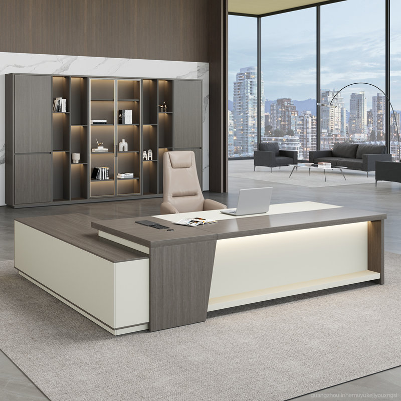 Bureau de direction ergonomique moderne en forme de L Achilles Luxury avec rangement intégré et gestion de l'alimentation