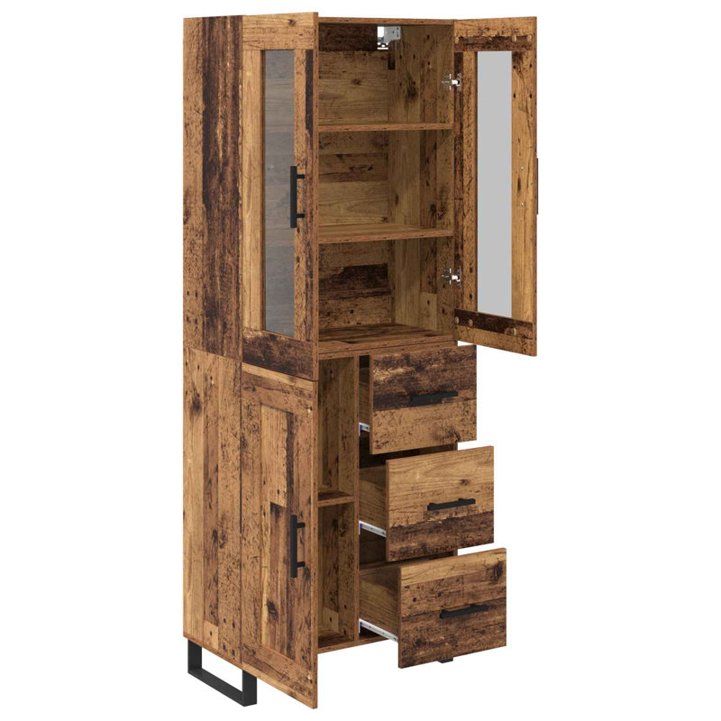  Highboard With Drawer 2 Pcs Old Wood Engineered Wood And Glass, Old Wood