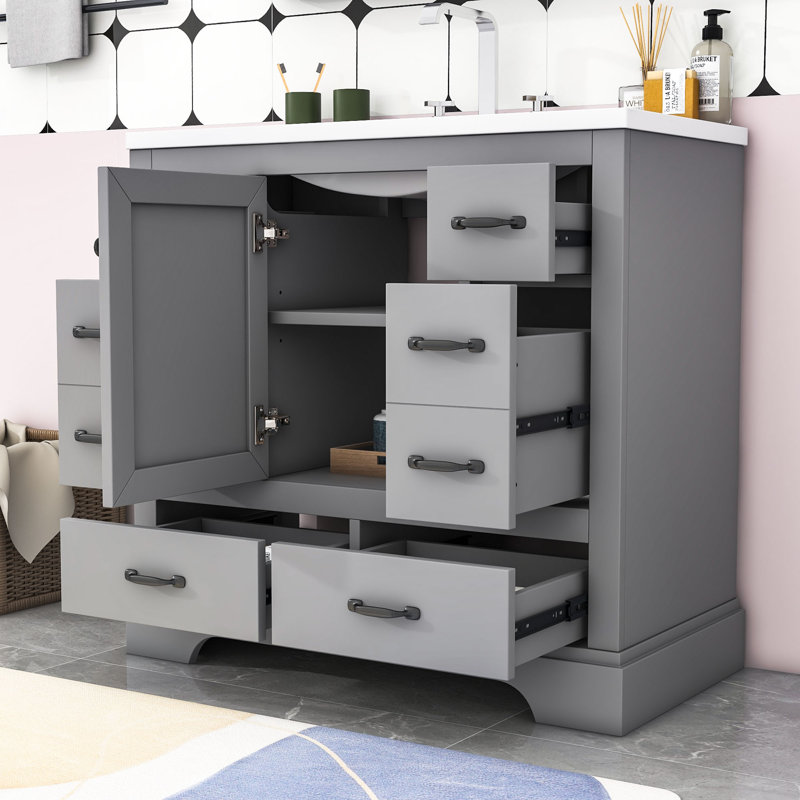 Meuble-lavabo simple 36 po avec plateau Myliyah, Noir, noir, noir, noir, Gris