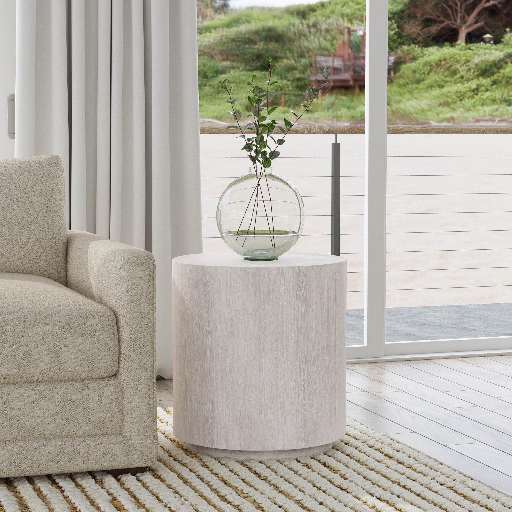 Taryn 20" Drum End Table, White Wash