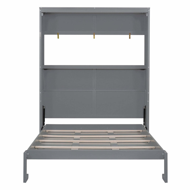 Grand lit escamotable mural avec tablettes, gris