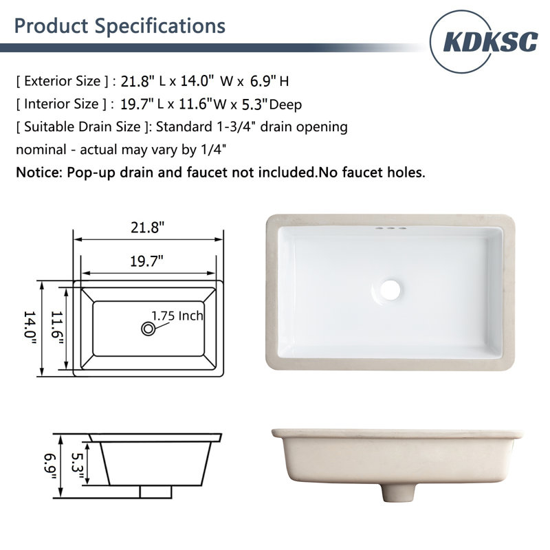 Lavabo de salle de bain encastré rectangulaire encastré en porcelaine vitreuse avec trop-plein 21,8 po x 14,0 po