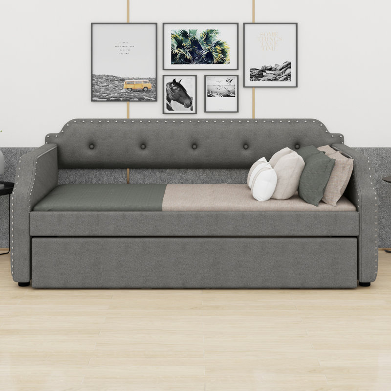 Upholstered Daybed With Trundle, Wood Slat Support,Upholstered Frame Sofa Bed, Dark Gray