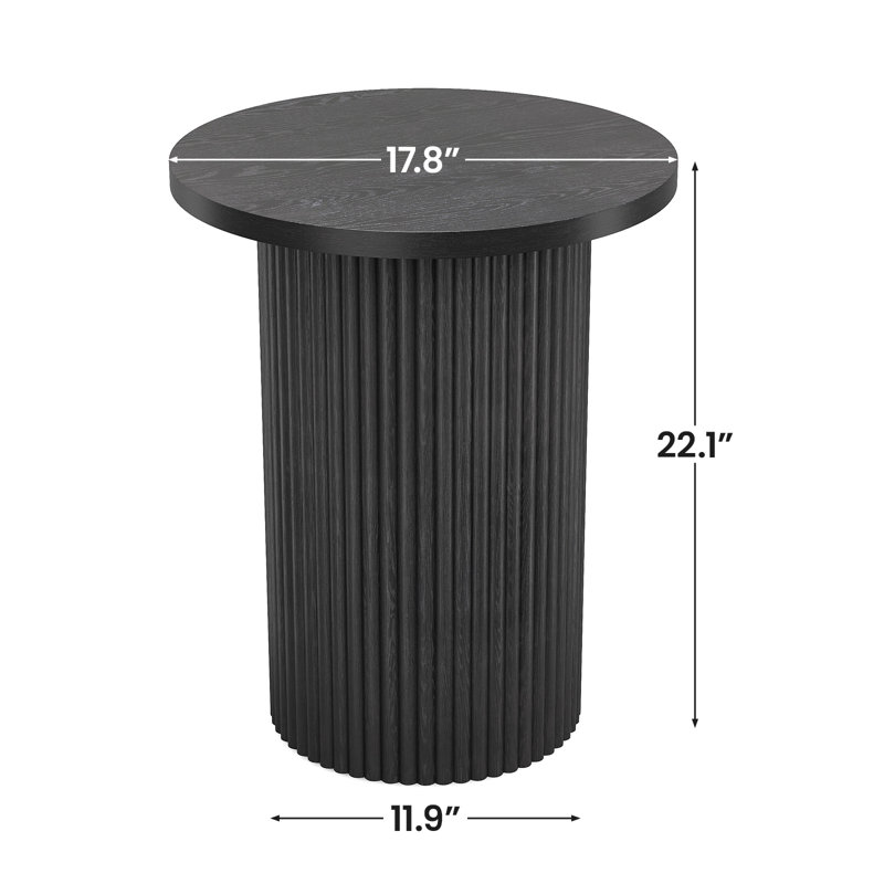 22'' Tall Solid Wood Round End Table Drum Side Table with Fluted Pedestal Base, Black