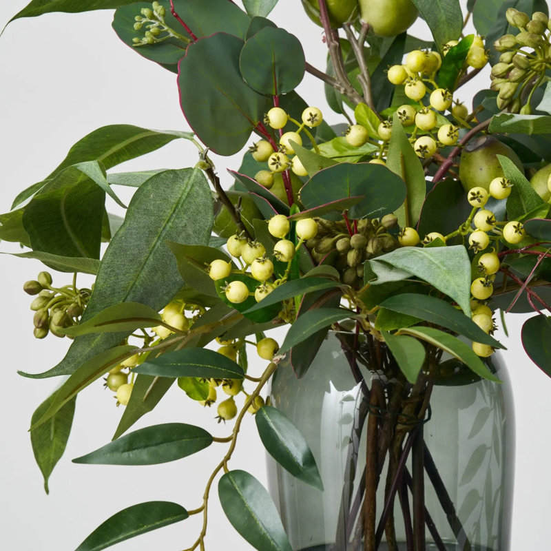 Lifelike Seed Pod Needle Leaf & Silver Dollar Eucalyptus, Smilax & Pepperberry Everyday Greenery Water Illusion Arrangement in Smoke Glass Vase