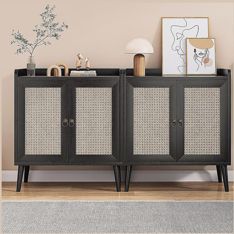 Buffet avec rangement, armoire à boissons avec portes en rotin, crédence, Noir