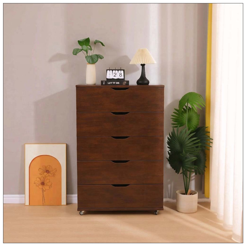 Commode mobile à 5 tiroirs avec roulettes, Marron foncé