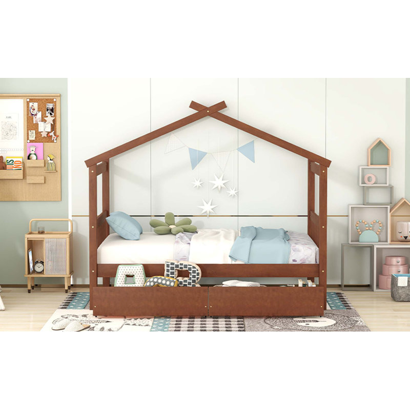 Pittston 2-Drawer Standard Bed Wooden House Bed, Twin, Walnut