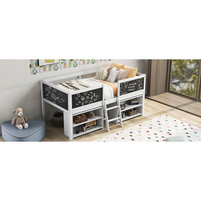 Twin Size Low Loft Bed With Two Movable Shelves And Ladder