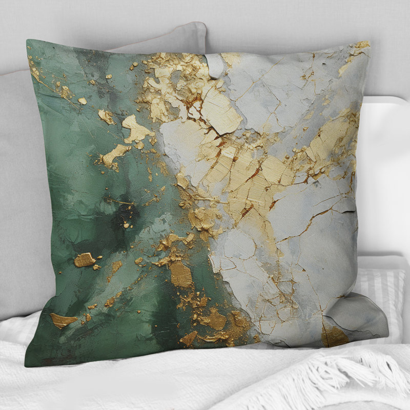 Coussin décoratif avec peinture abstraite, or et vert, 18" x 18"