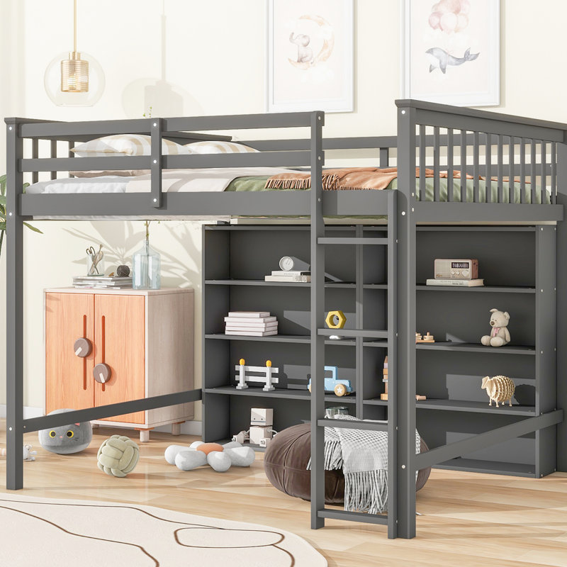 Lit mezzanine gris avec 8 espaces de rangement et rangement intégré - peu encombrant