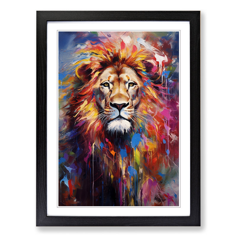Lion Impressionism No.2 - Single Picture Frame Print on Wood, Black Framed, 46cm H x 34cm W x 2cm D