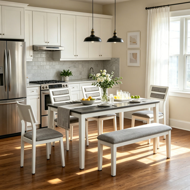 6 - Person Four Leg Dining Set, Grey, White