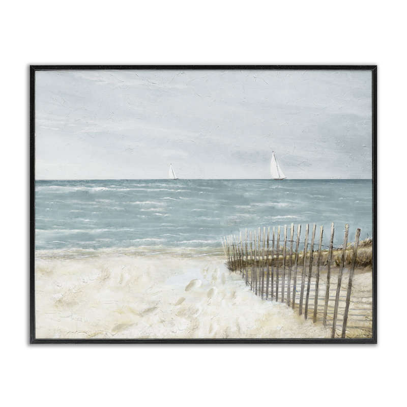 Empreintes de plage et clôture, estampe numérique par Ruane Manning, Giclée encadrée noir minuit, H 16 po x l 20 po